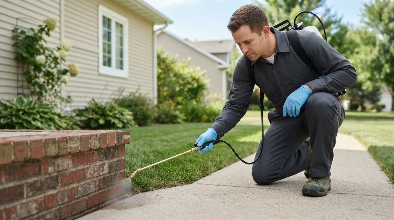 Pest control technician treating a home near Vaughnsville, OH