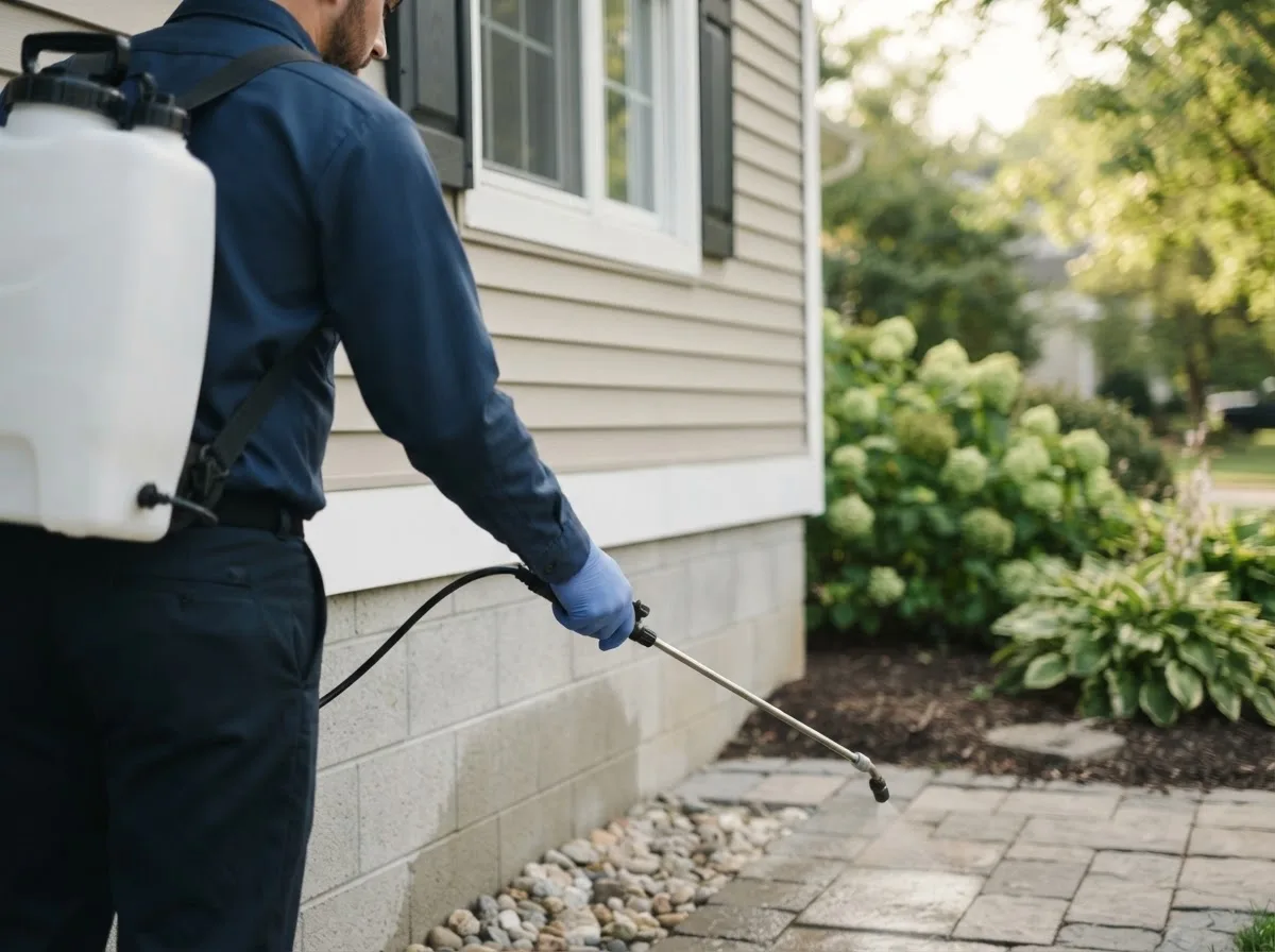 Pest control technician inspecting a home in Vaughnsville, OH